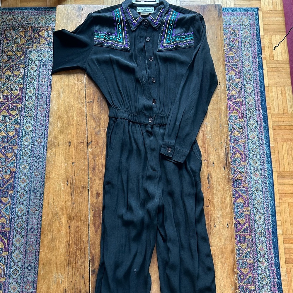 RARE Vintage Saint Germain Paris Black Embroidered Western Jumpsuit – Size 10 - Picture 3 of 8